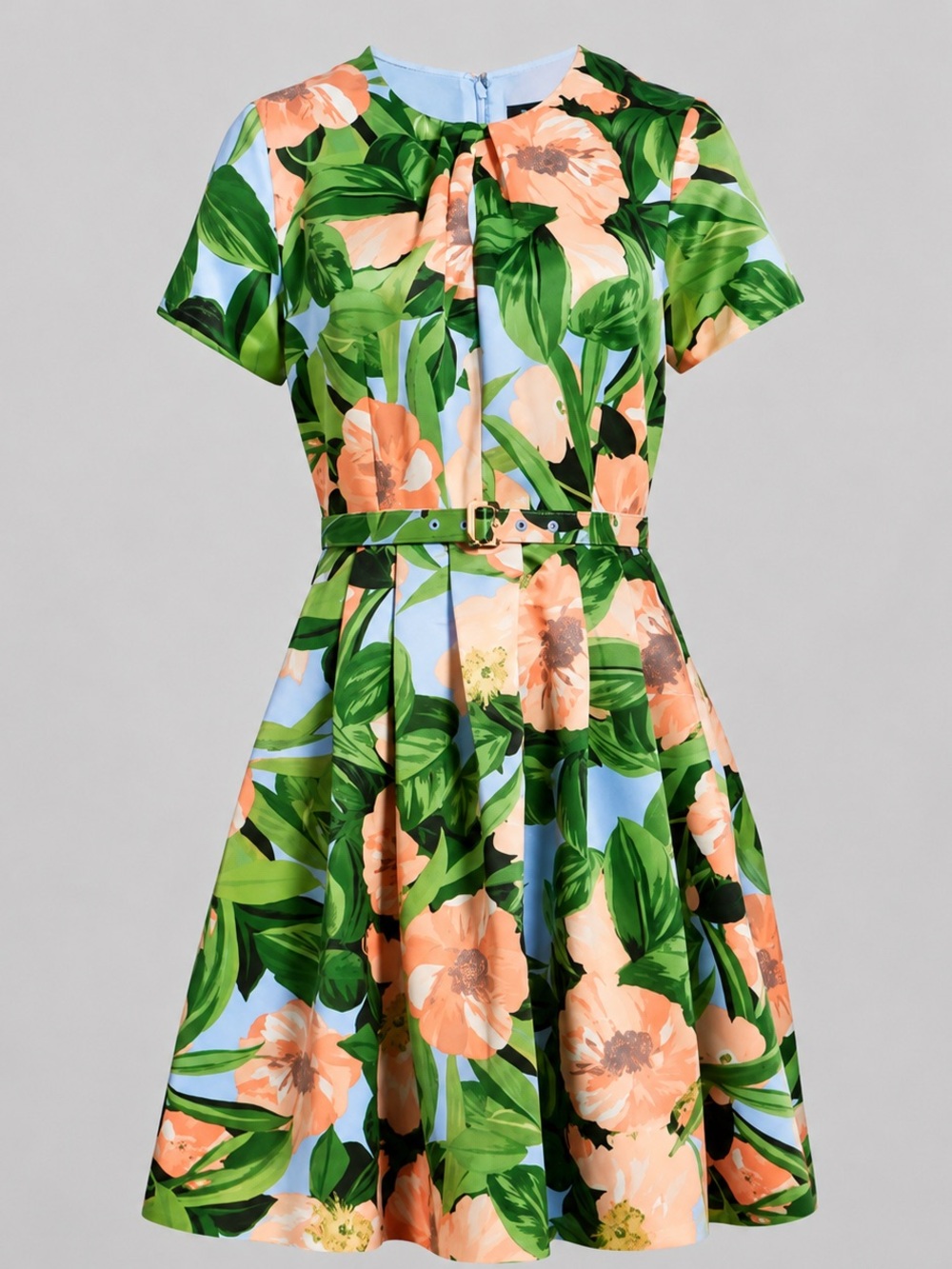 Tahari ASL Women's Green Floral Belted Pleated Short-Sleeve Fit & Flare Dress 16 - Picture 4 of 10